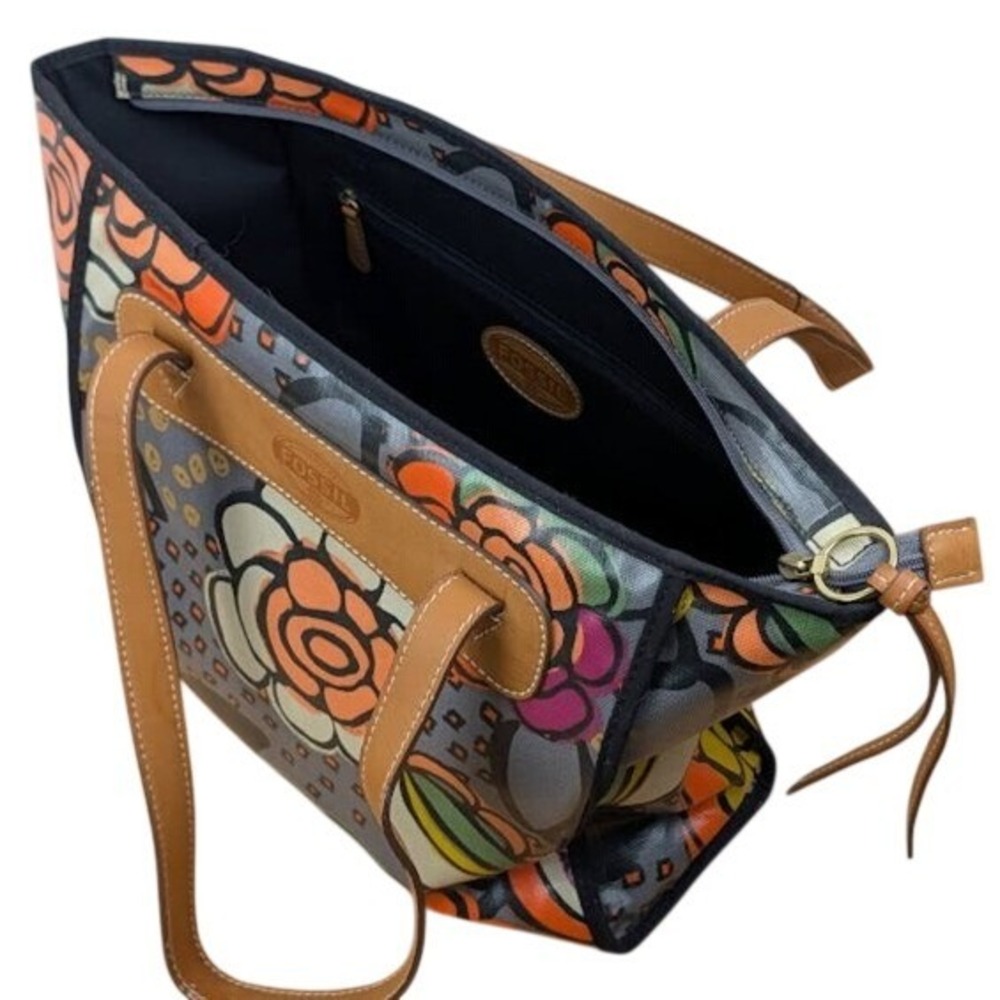 Fossil Key-Per Floral Coated Canvas Tote Bag Grey Orange Tan Leather Trim NEW - Picture 2 of 3